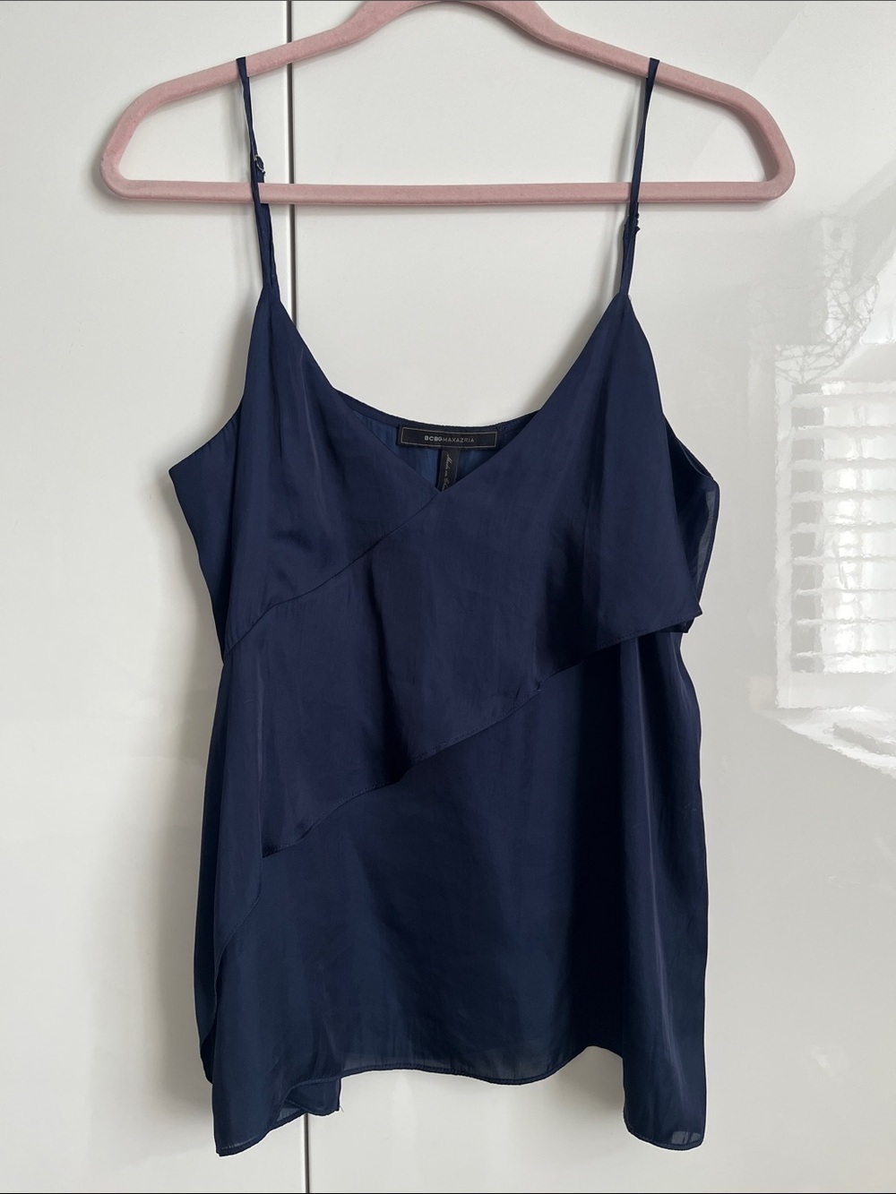 BCBGMaxAzria Satin Navy Ruffle Camisole, Size M